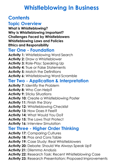 Whistleblowing In Business Worksheet Activity Booklet