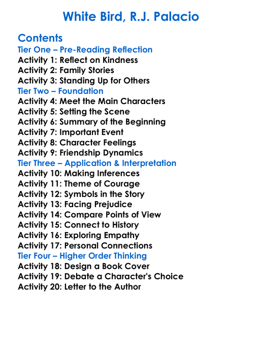 White Bird Rj Palacio Worksheet Activity Booklet