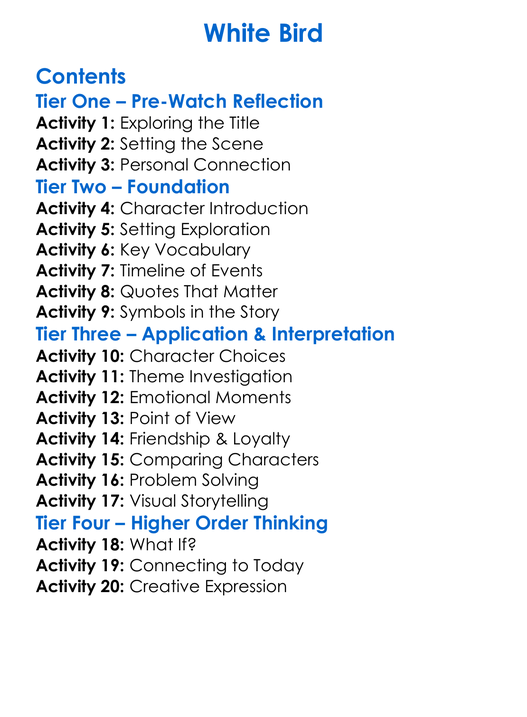 White Bird Worksheet Activity Booklet