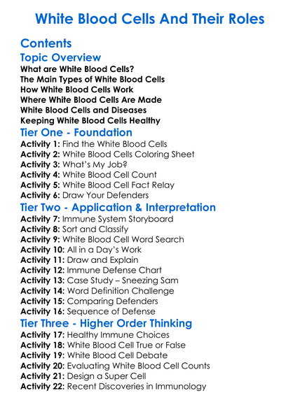 White Blood Cells And Their Roles Worksheet Activity Booklet