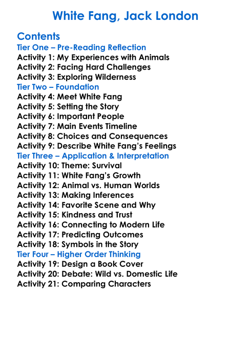 White Fang Jack London Worksheet Activity Booklet