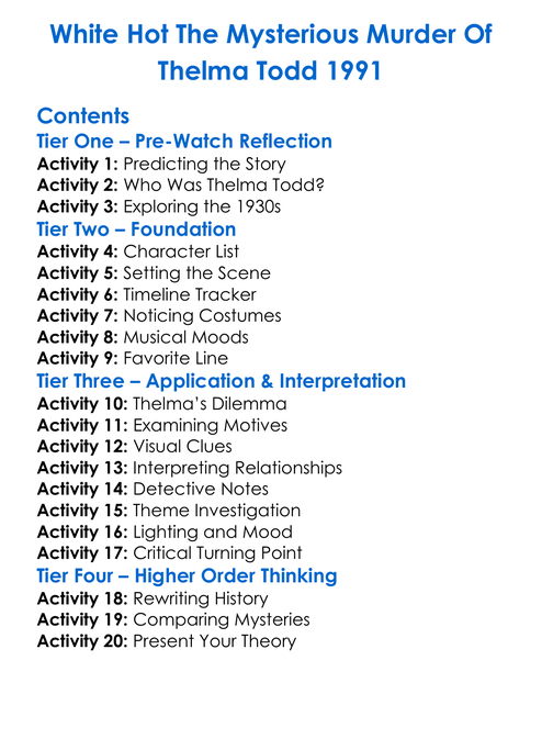 White Hot The Mysterious Murder Of Thelma Todd 1991 Worksheet Activity Booklet