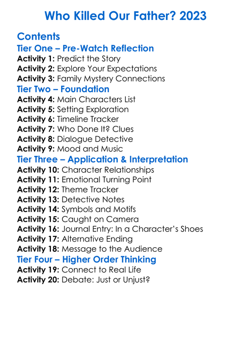 Who Killed Our Father 2023 Worksheet Activity Booklet
