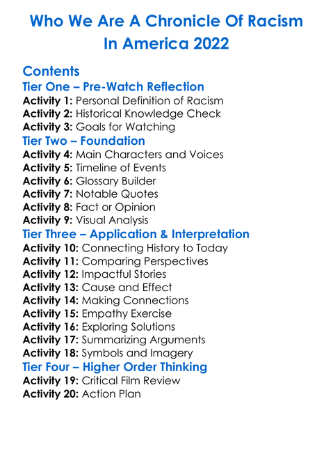 Who We Are A Chronicle Of Racism In America 2022 Worksheet Activity Booklet