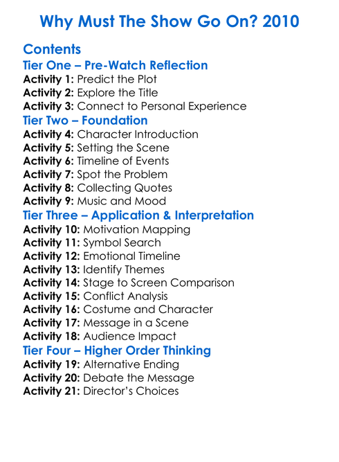 Why Must The Show Go On 2010 Worksheet Activity Booklet