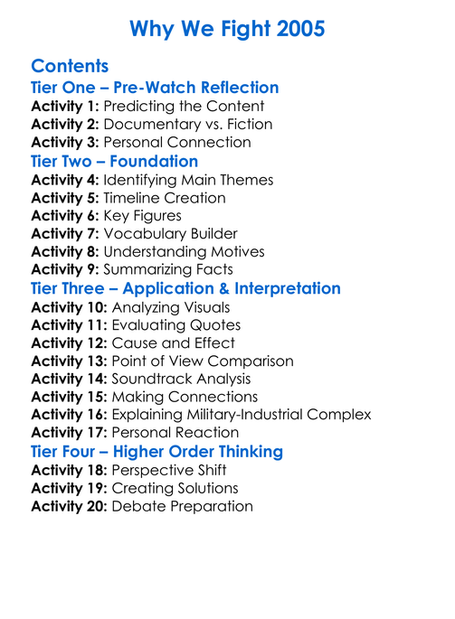 Why We Fight 2005 Worksheet Activity Booklet