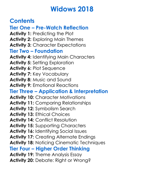 Widows 2018 Worksheet Activity Booklet