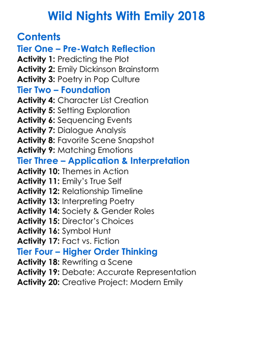 Wild Nights With Emily 2018 Worksheet Activity Booklet