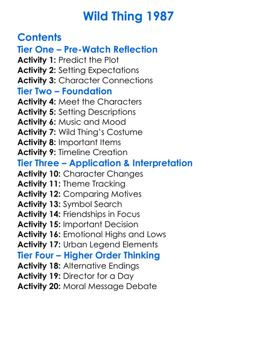 Wild Thing 1987 Worksheet Activity Booklet