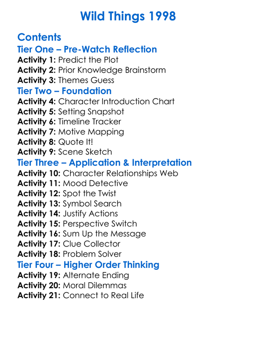 Wild Things 1998 Worksheet Activity Booklet