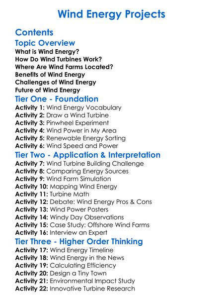 Wind Energy Projects Worksheet Activity Booklet