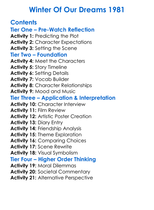 Winter Of Our Dreams 1981 Worksheet Activity Booklet