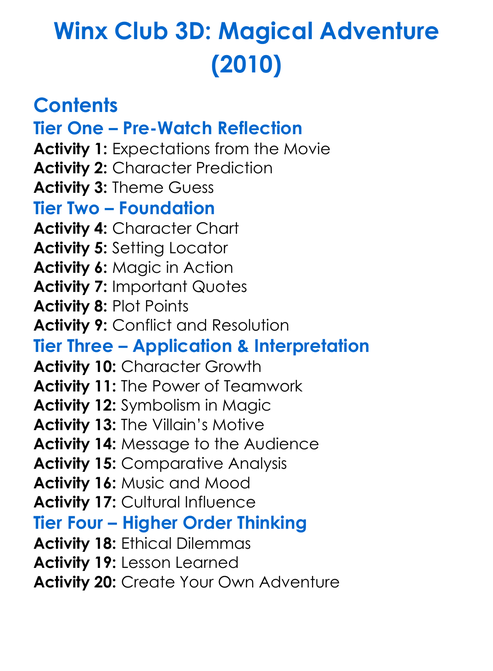 Winx Club 3D Magical Adventure 2010 Worksheet Activity Booklet