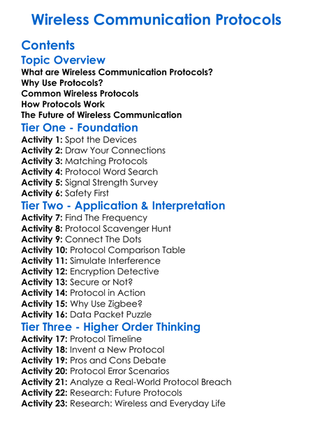 Wireless Communication Protocols Worksheet Activity Booklet