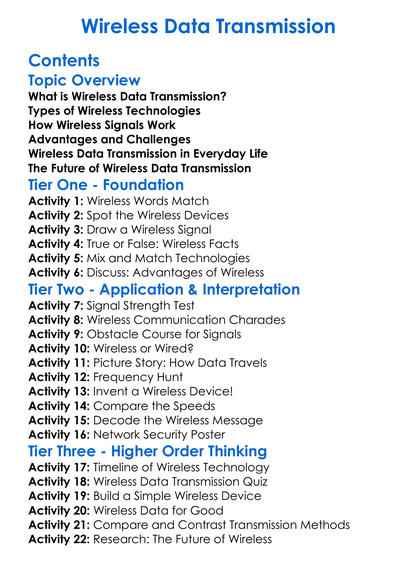 Wireless Data Transmission Worksheet Activity Booklet