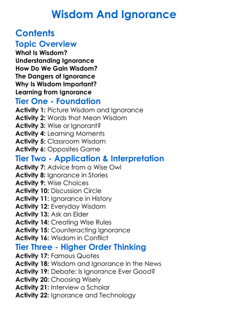 Wisdom And Ignorance Worksheet Activity Booklet