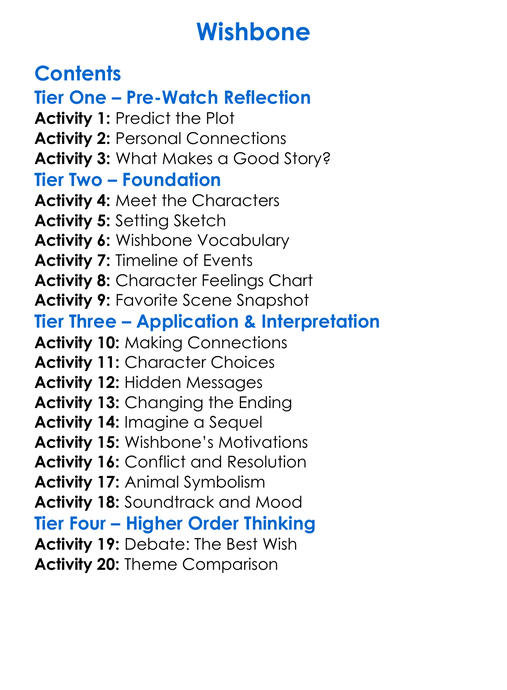 Wishbone Worksheet Activity Booklet