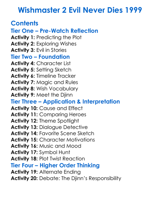 Wishmaster 2 Evil Never Dies 1999 Worksheet Activity Booklet