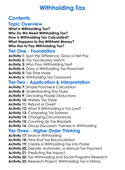 Withholding Tax Worksheet Activity Booklet