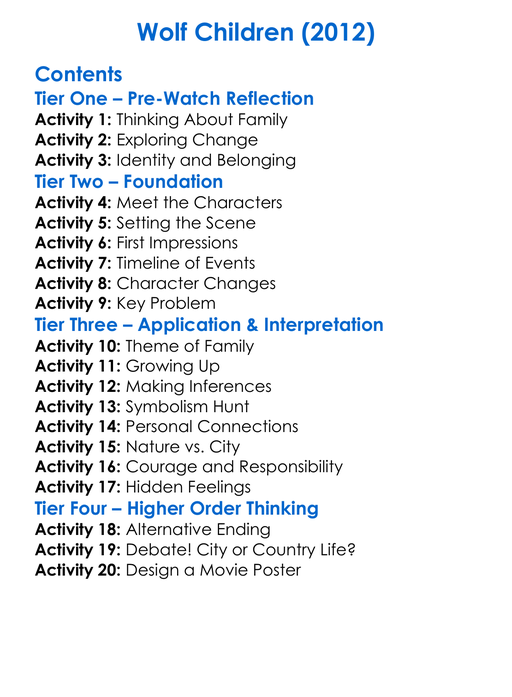 Wolf Children 2012 Worksheet Activity Booklet