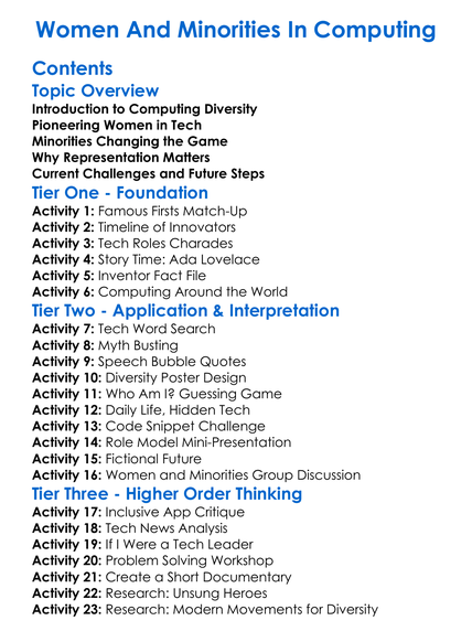 Women And Minorities In Computing Worksheet Activity Booklet