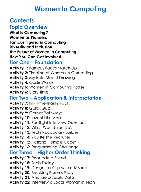 Women In Computing Worksheet Activity Booklet