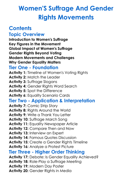 Womens Suffrage And Gender Rights Movements Worksheet Activity Booklet