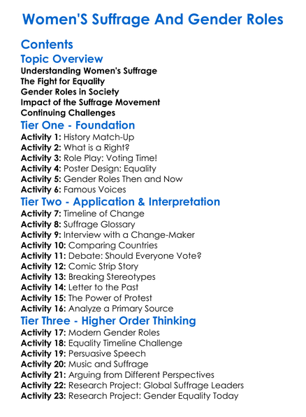 Womens Suffrage And Gender Roles Worksheet Activity Booklet