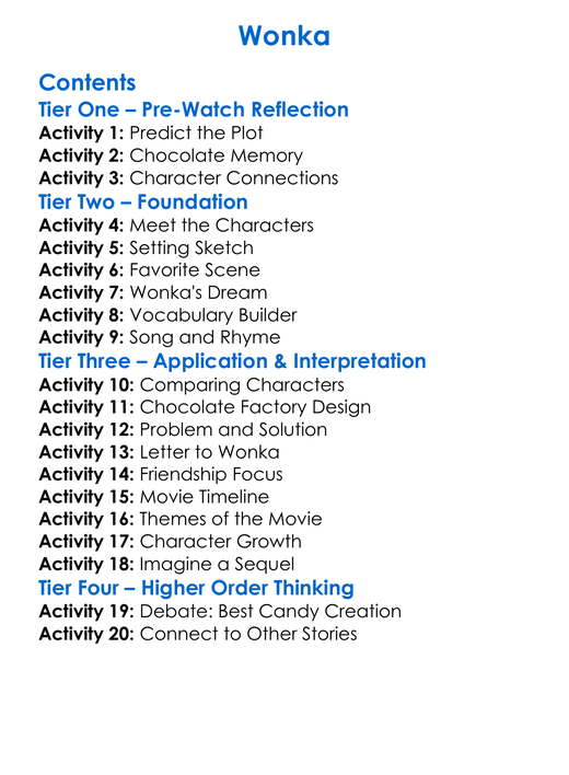 Wonka Worksheet Activity Booklet