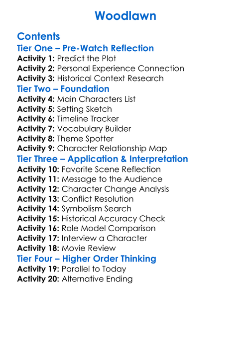 Woodlawn Worksheet Activity Booklet