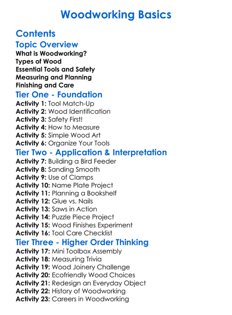 Woodworking Basics Worksheet Activity Booklet