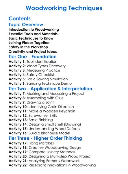 Woodworking Techniques Worksheet Activity Booklet