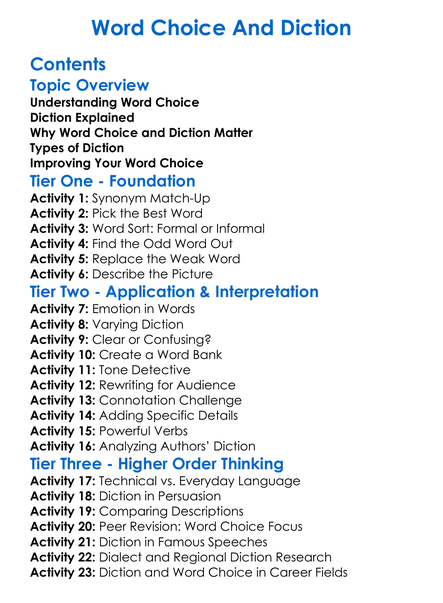 Word Choice And Diction Worksheet Activity Booklet