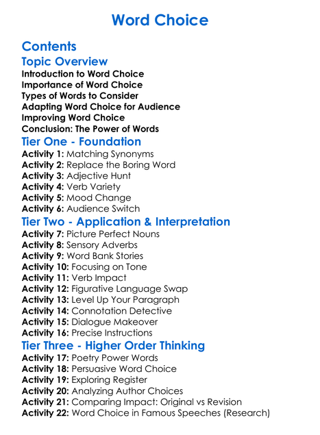 Word Choice Worksheet Activity Booklet