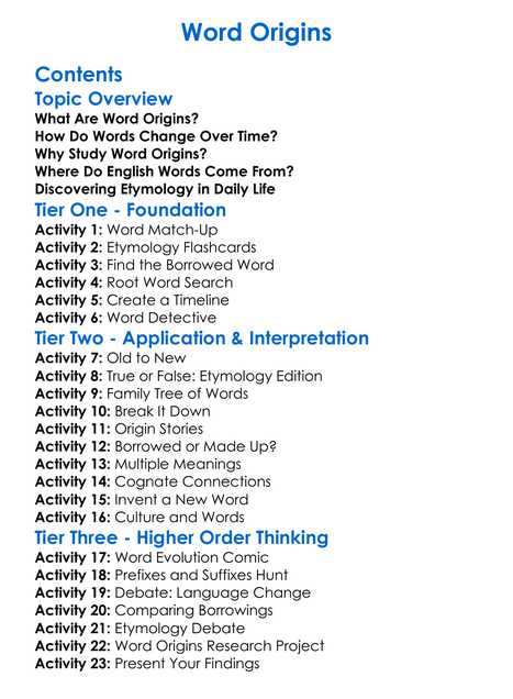 Word Origins Worksheet Activity Booklet