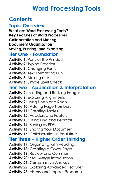 Word Processing Tools Worksheet Activity Booklet