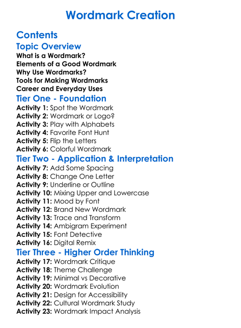 Wordmark Creation Worksheet Activity Booklet
