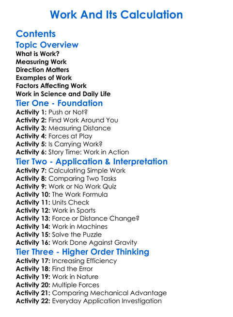 Work And Its Calculation Worksheet Activity Booklet