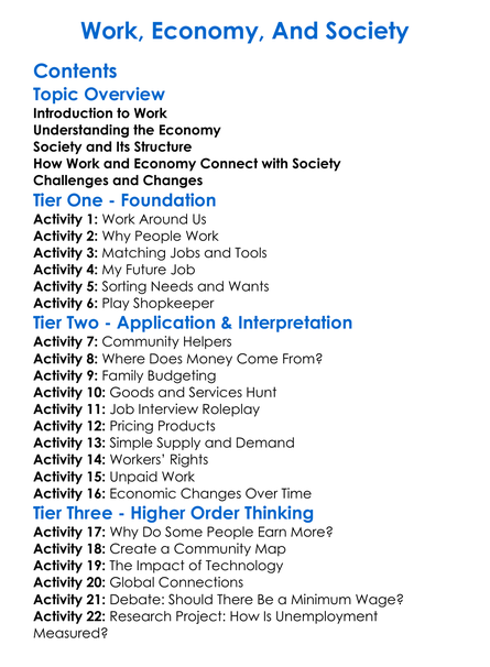 Work Economy And Society Worksheet Activity Booklet