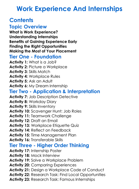 Work Experience And Internships Worksheet Activity Booklet