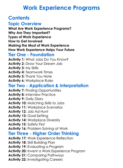 Work Experience Programs Worksheet Activity Booklet