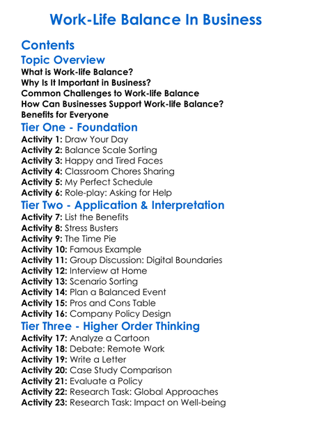 Work-Life Balance In Business Worksheet Activity Booklet