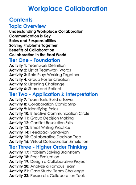 Workplace Collaboration Worksheet Activity Booklet
