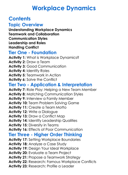 Workplace Dynamics Worksheet Activity Booklet