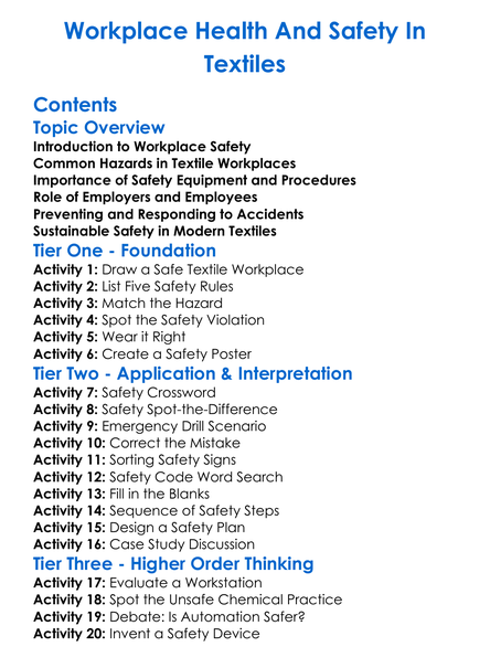 Workplace Health And Safety In Textiles Worksheet Activity Booklet
