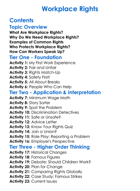 Workplace Rights Worksheet Activity Booklet