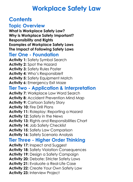 Workplace Safety Law Worksheet Activity Booklet