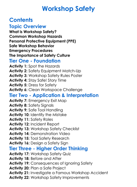 Workshop Safety Worksheet Activity Booklet