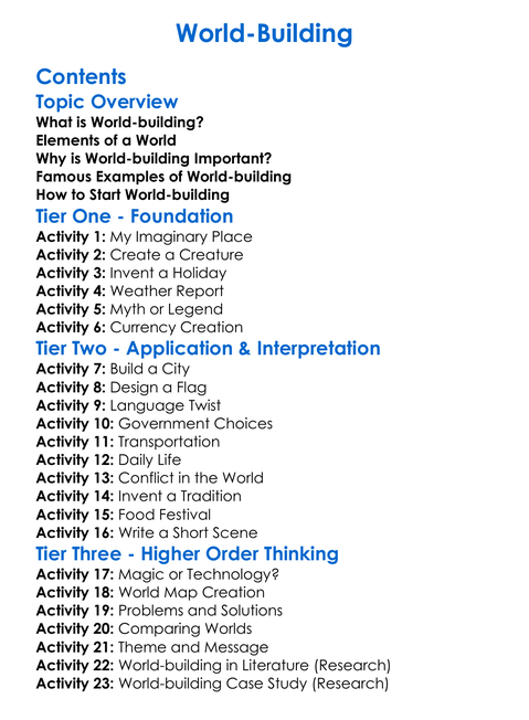 World-Building Worksheet Activity Booklet
