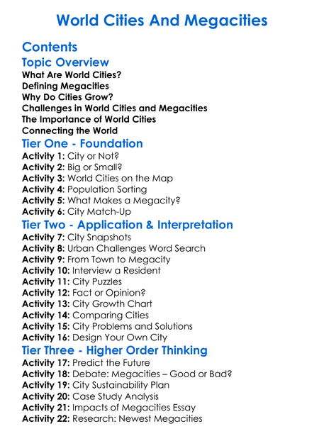 World Cities And Megacities Worksheet Activity Booklet